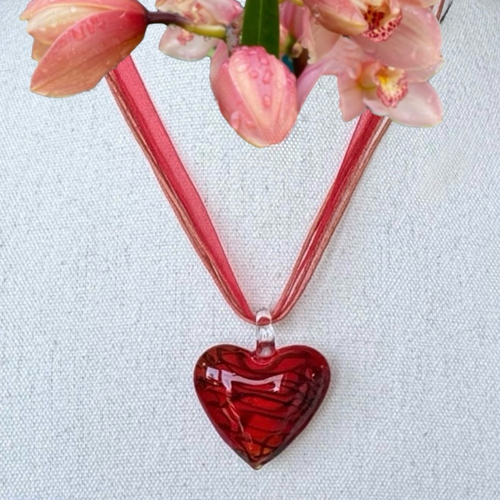 Red Art Glass Heart Pendant Necklace on Sheer Ribbon Cord Valentine’s Day Gift